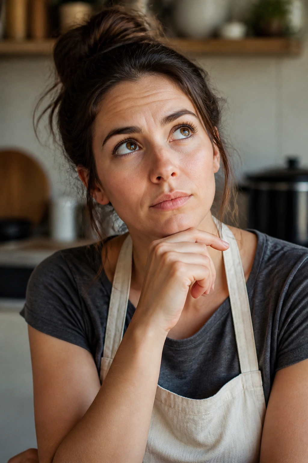 Portrait of a real person in a kitchen with a thoughtful expression, pondering crockpot questions.