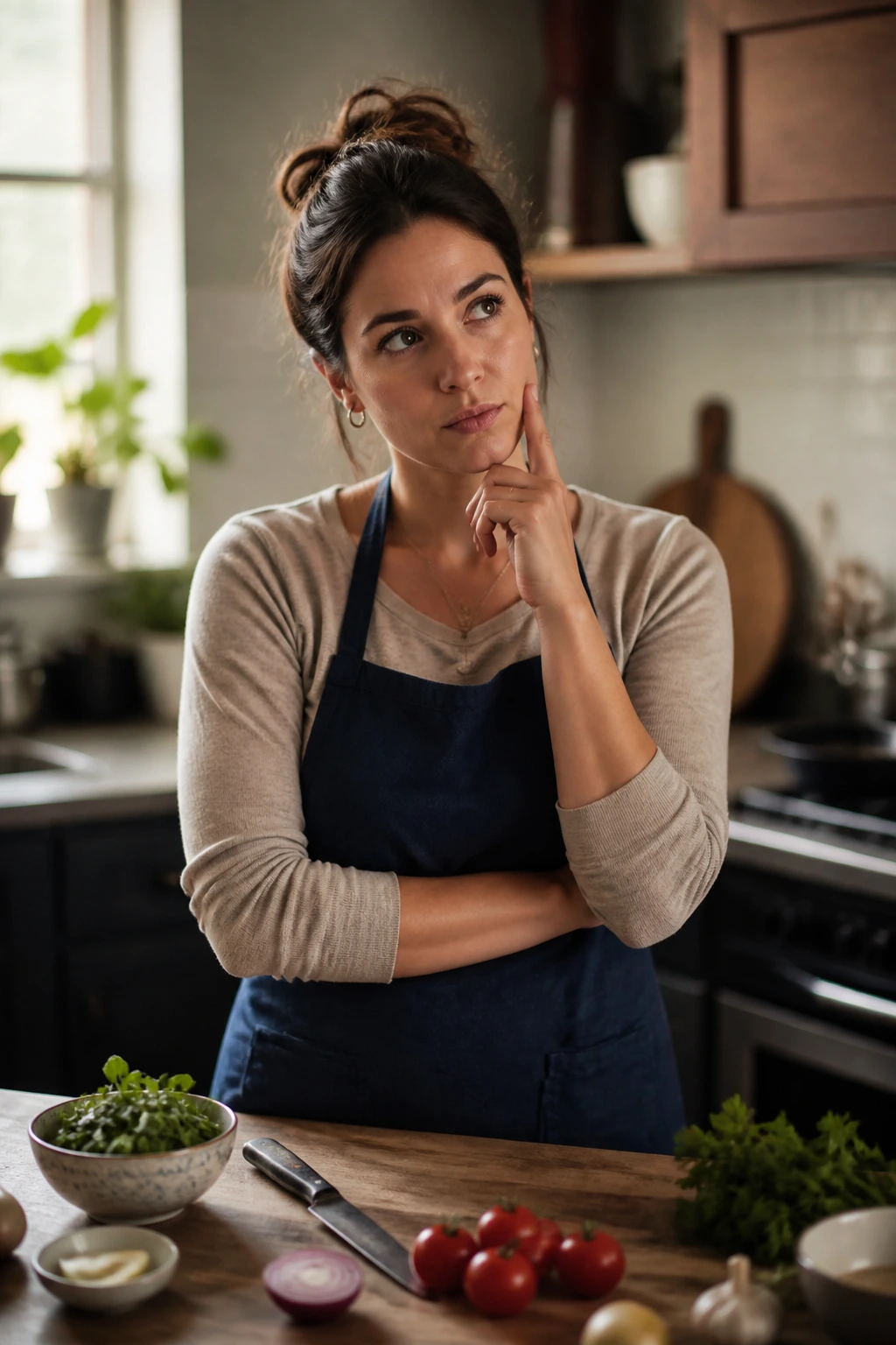 Real home cook in a kitchen, thoughtful expression