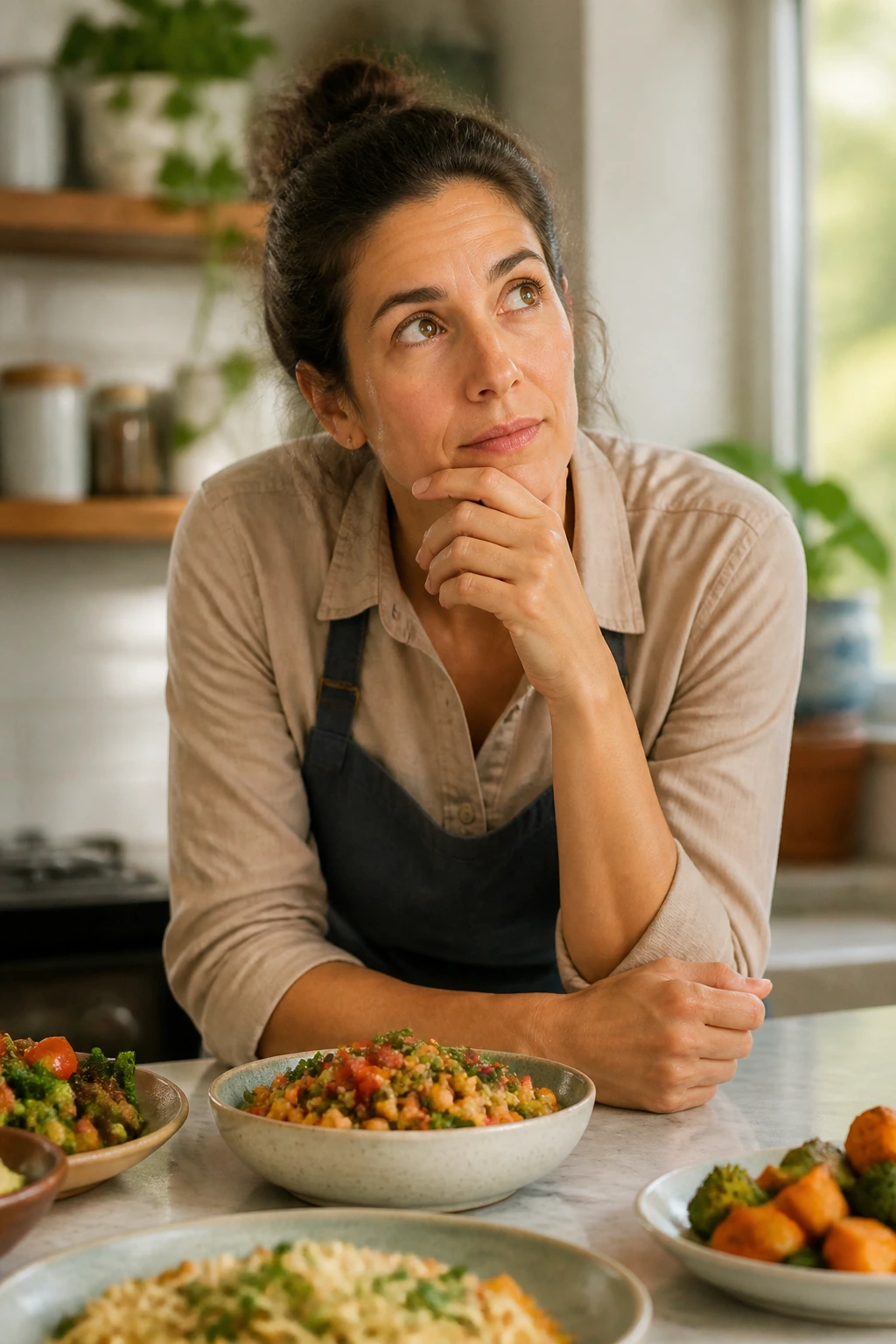 Portrait of a person in a kitchen with thoughtful expression