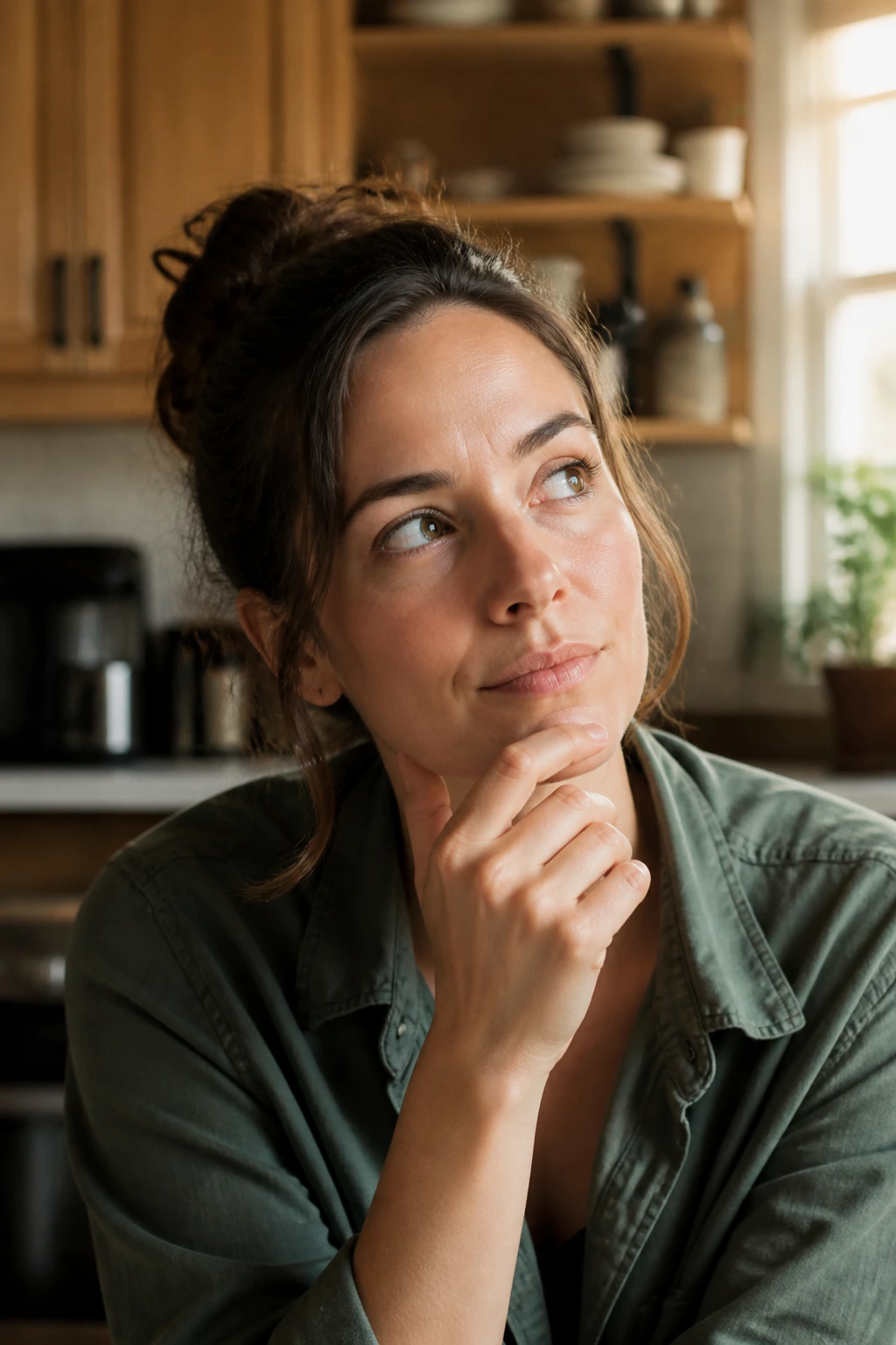 Portrait of a real person in a kitchen pondering common air fryer dinner questions.