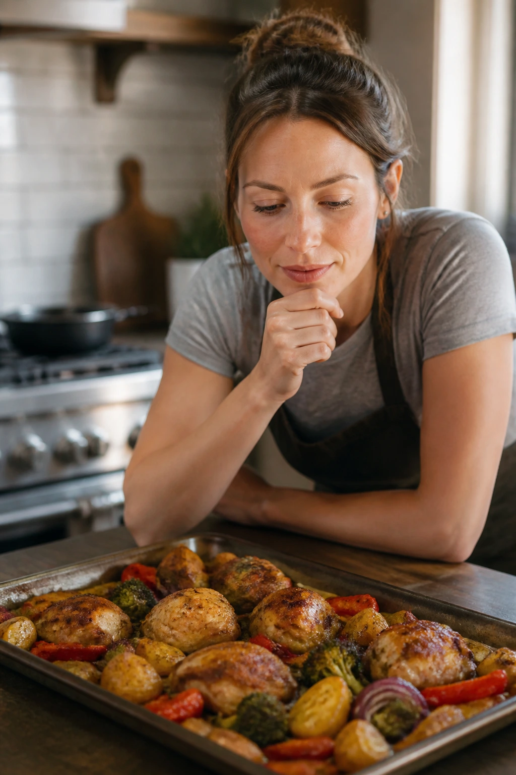 Portrait of a real person in a kitchen considering sheet pan dinner questions.