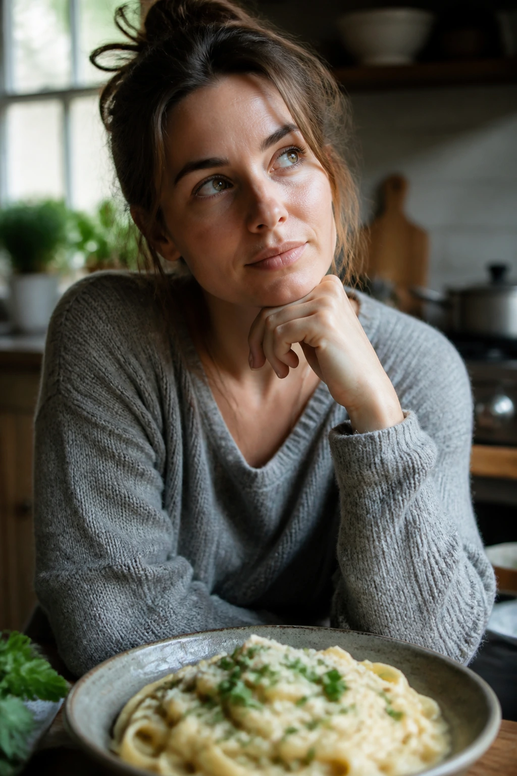 Real person in a kitchen with a plate of creamy pasta, looking thoughtful