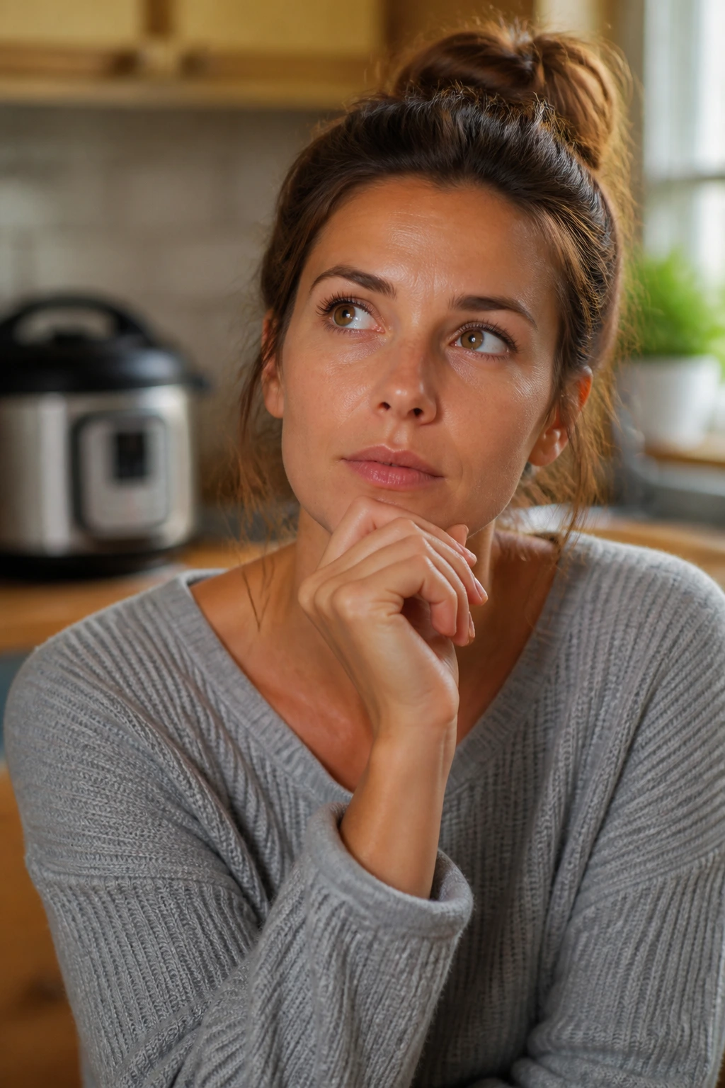Portrait of a real person in a warm kitchen with blurred background appliances
