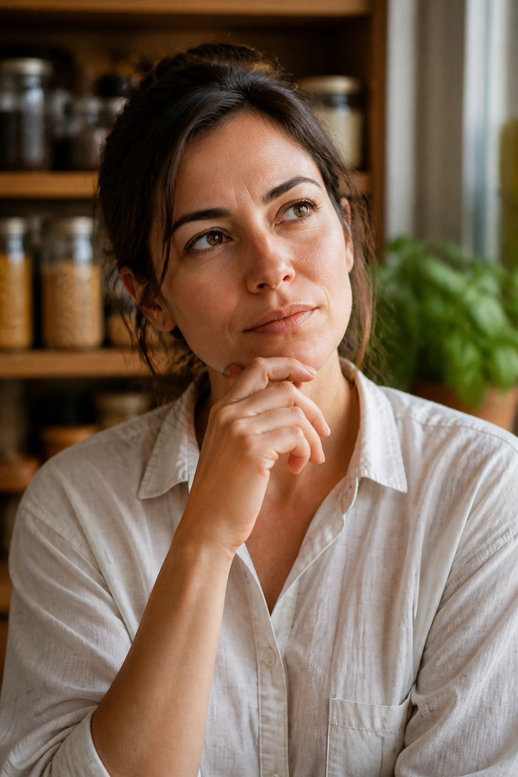 Close-up portrait of a thoughtful person in a kitchen, representing FAQs about pantry dinners