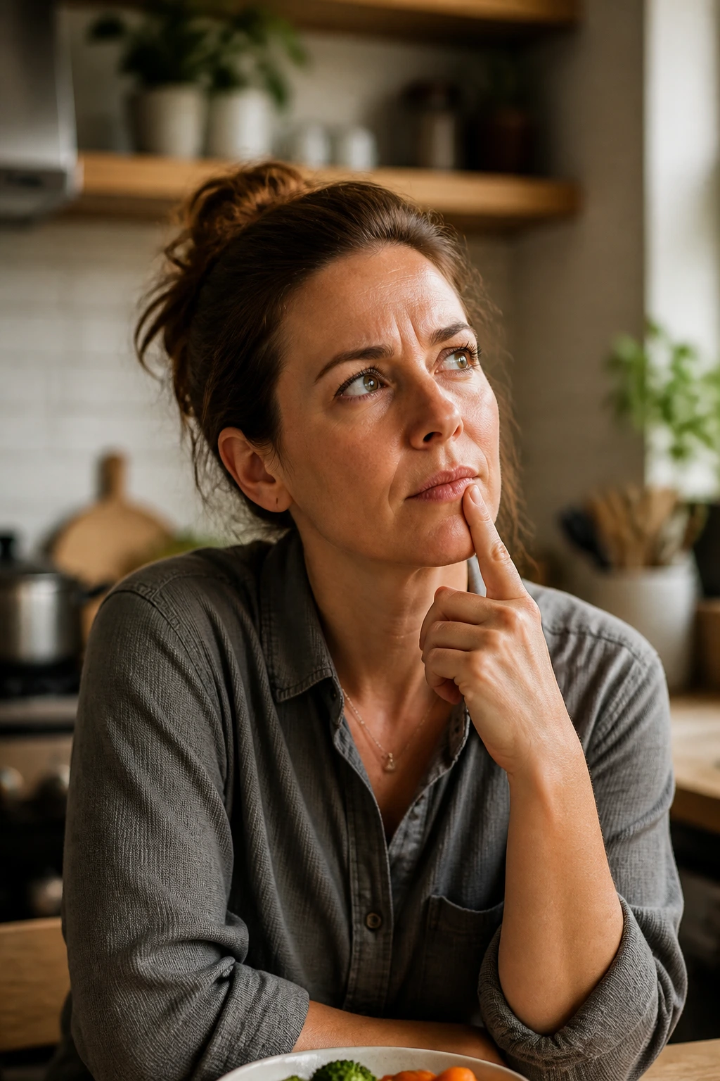 Portrait of a thoughtful parent in a kitchen representing FAQs about toddler dinners