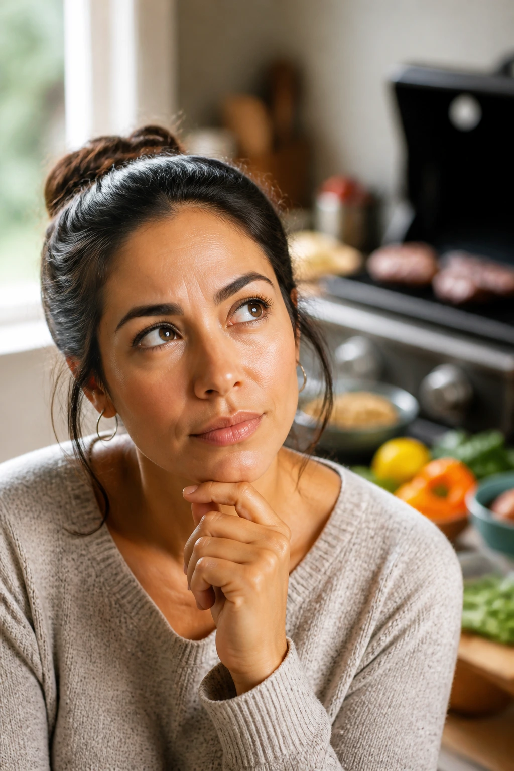 Portrait of a thoughtful cook in a kitchen with warm light.