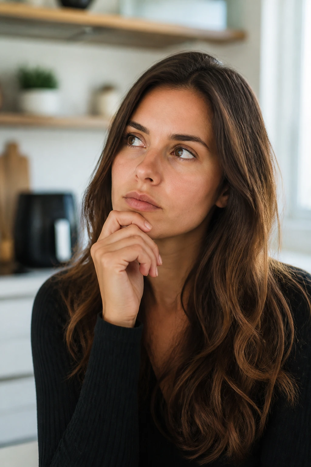 Portrait of a real person in a kitchen showing thoughtful expression.