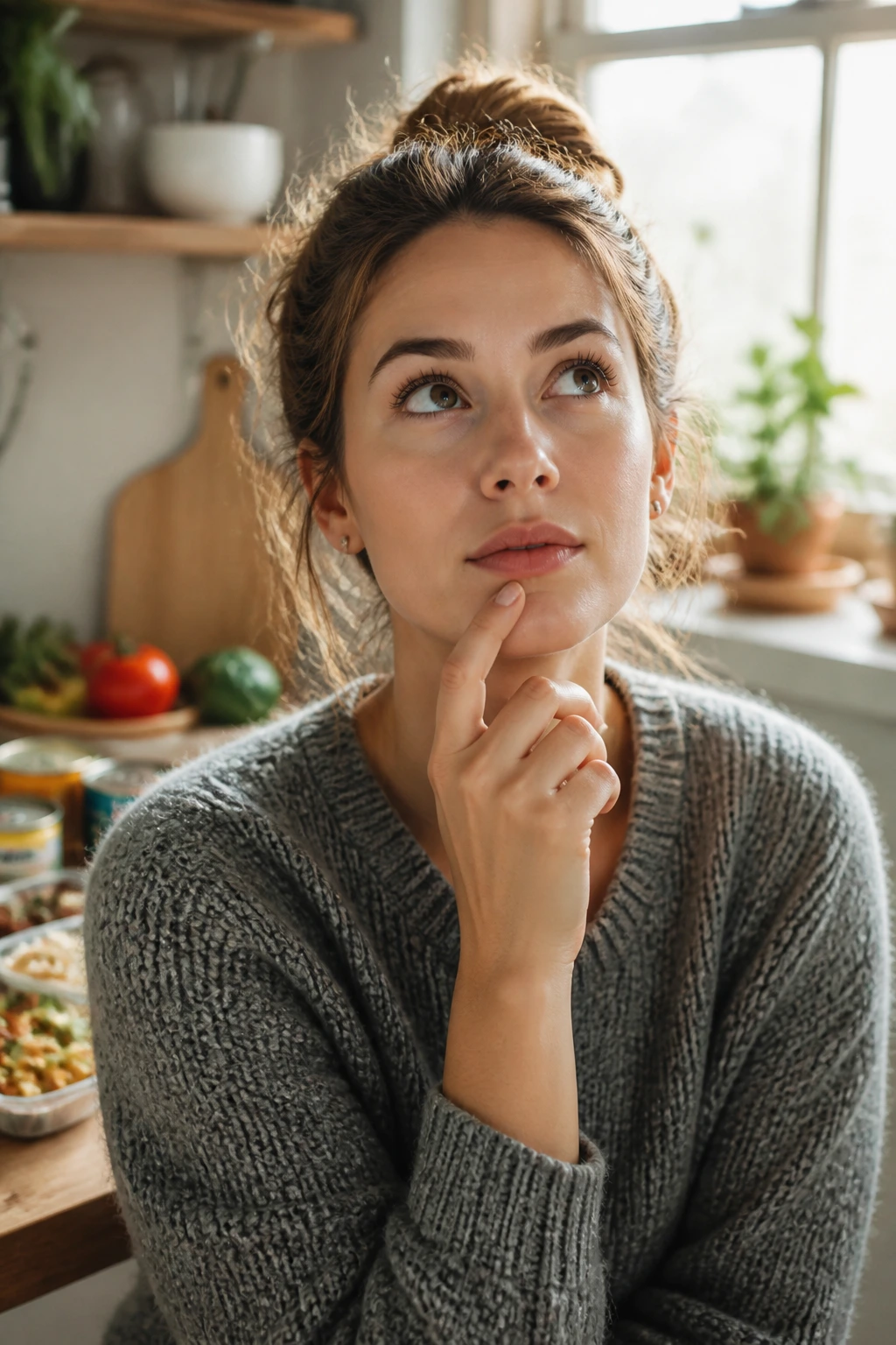 Portrait of a real woman in a warm kitchen thinking