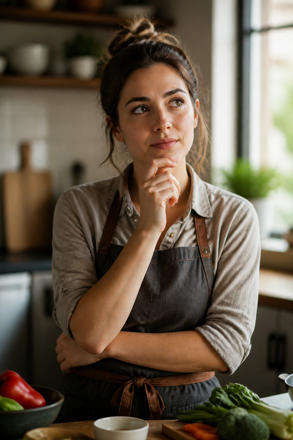 Close-up portrait of a thoughtful person in a kitchen