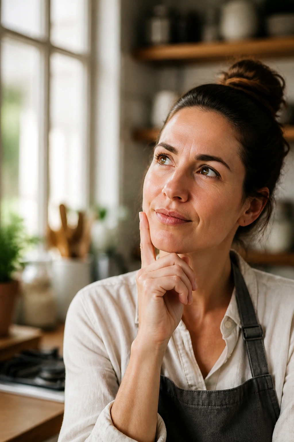 Close-up portrait of a real person in a kitchen, conveying a thoughtful mood about meal prep FAQs