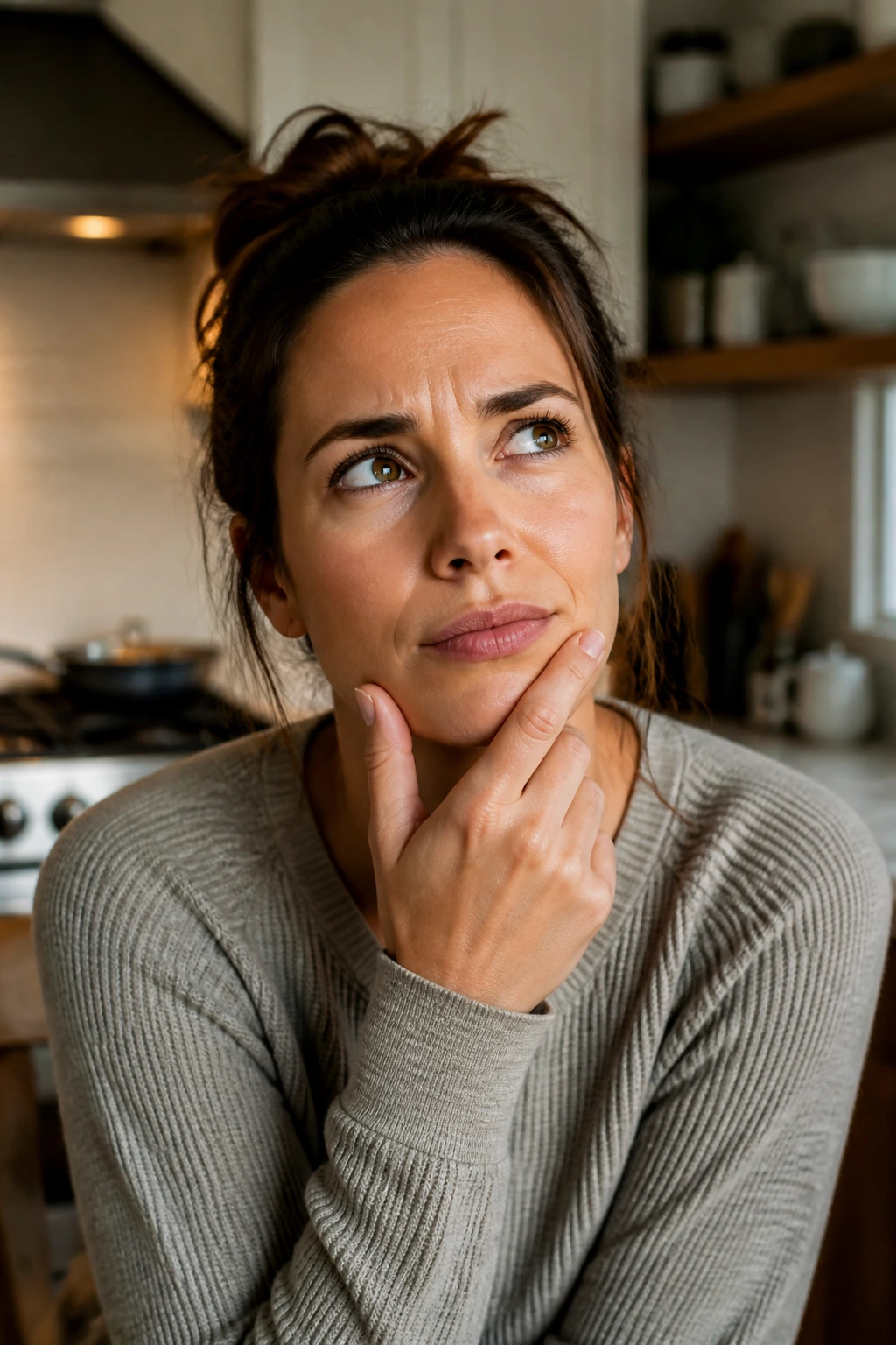 Close-up portrait of a thoughtful person in a cozy kitchen, representing frequently asked questions about brunch-for-dinner eggs