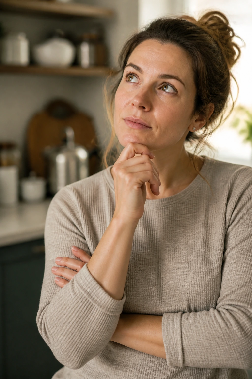 Close-up portrait of a thoughtful parent in a cozy kitchen, representing FAQs for picky-eater dinners
