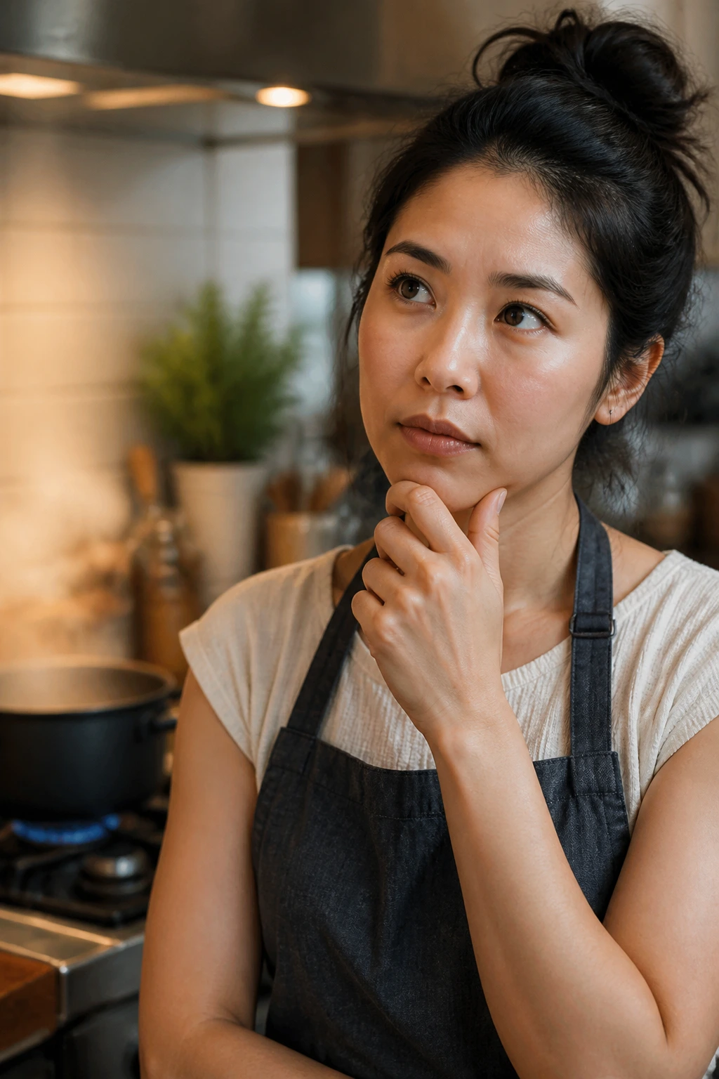 Portrait of a real person in a kitchen, conveying curiosity for cooking FAQs