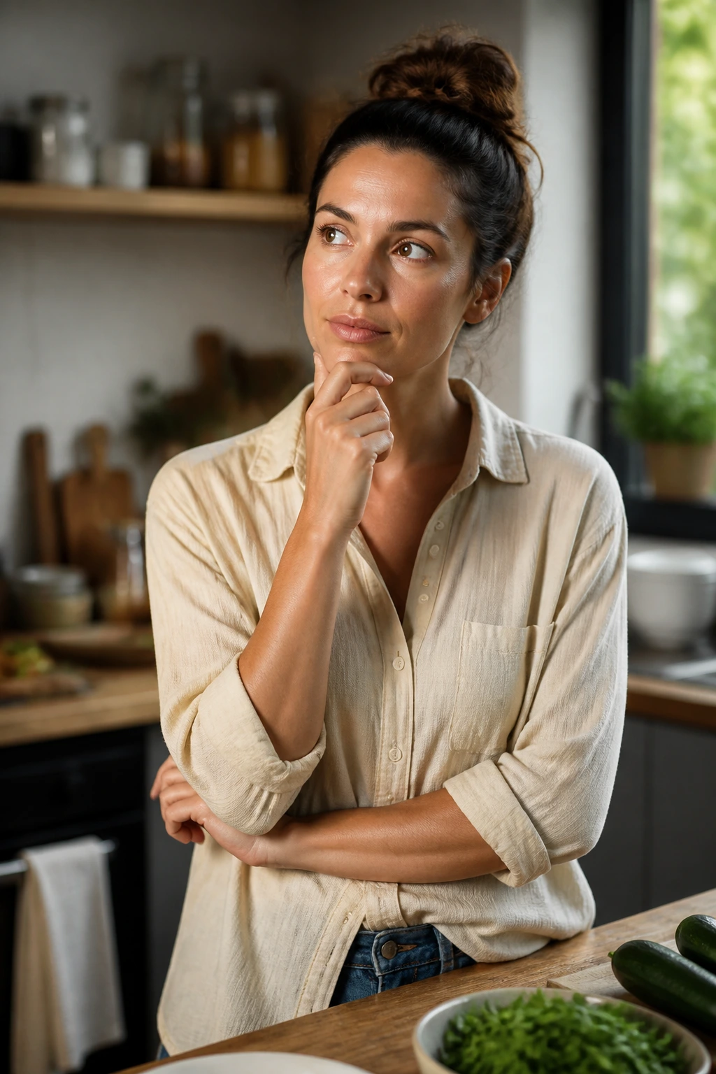 Thoughtful cook in a kitchen portrait representing frequently asked questions about weeknight dinners