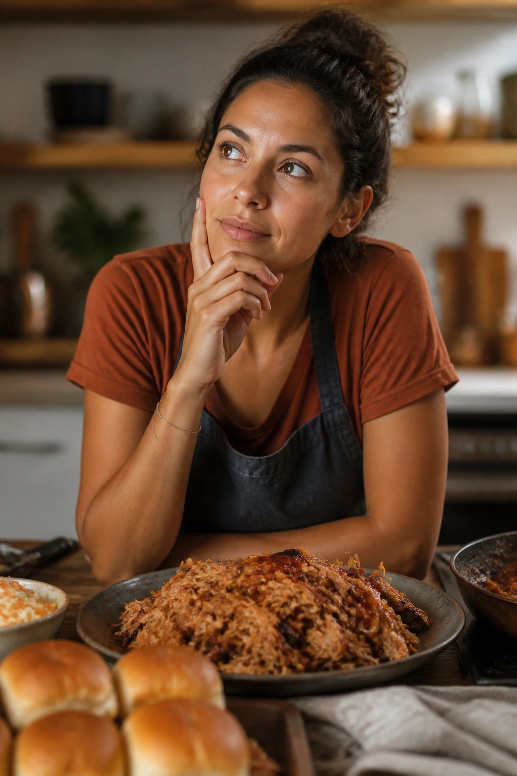 Portrait of a person considering pulled pork questions in a kitchen
