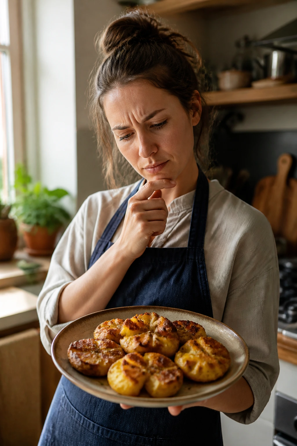 Real person thinking in a kitchen with smashed potatoes plate nearby