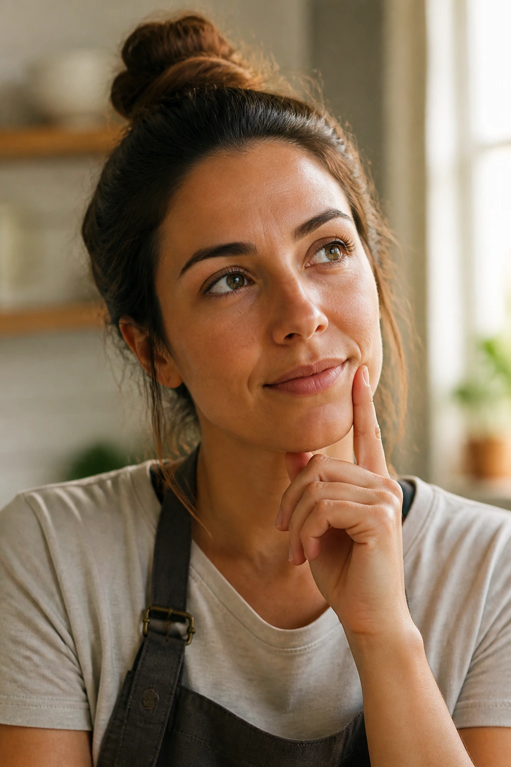 Portrait of a thoughtful home cook in a warm kitchen, representing a contemplative FAQ moment