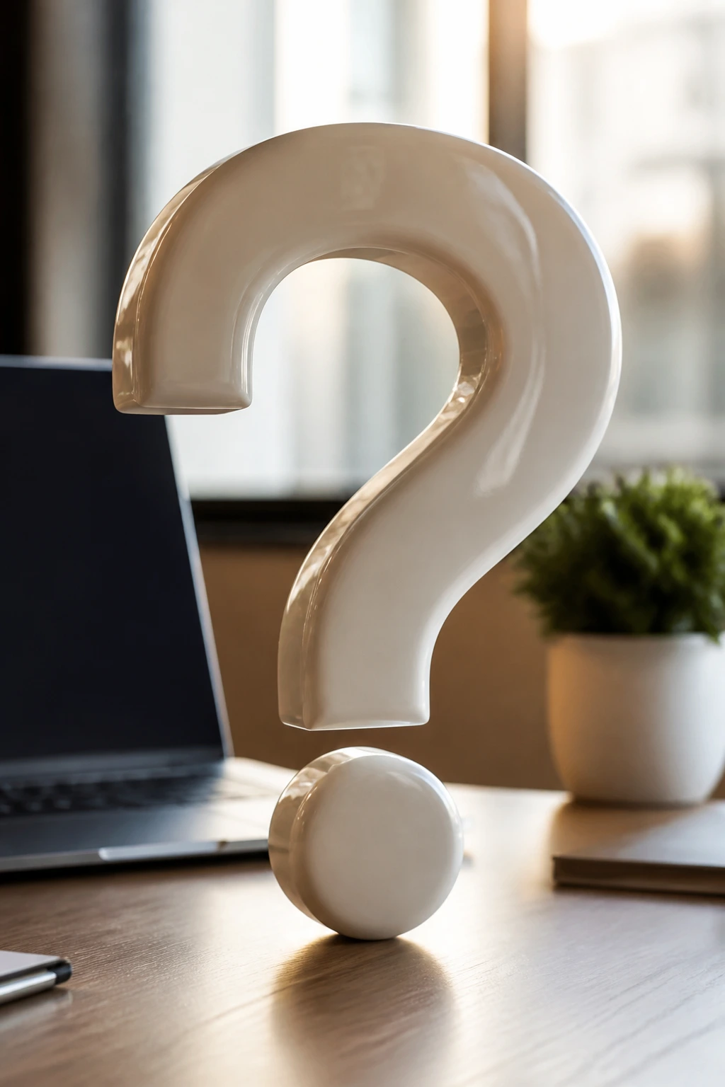 Close-up of a glossy question-mark sculpture on a desk representing FAQs