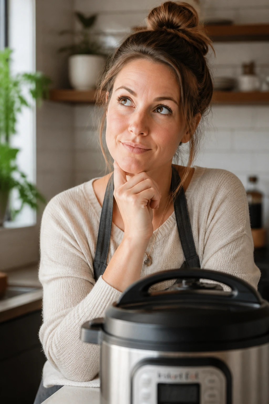 Thoughtful home cook in bright kitchen contemplating questions about Instant Pot use