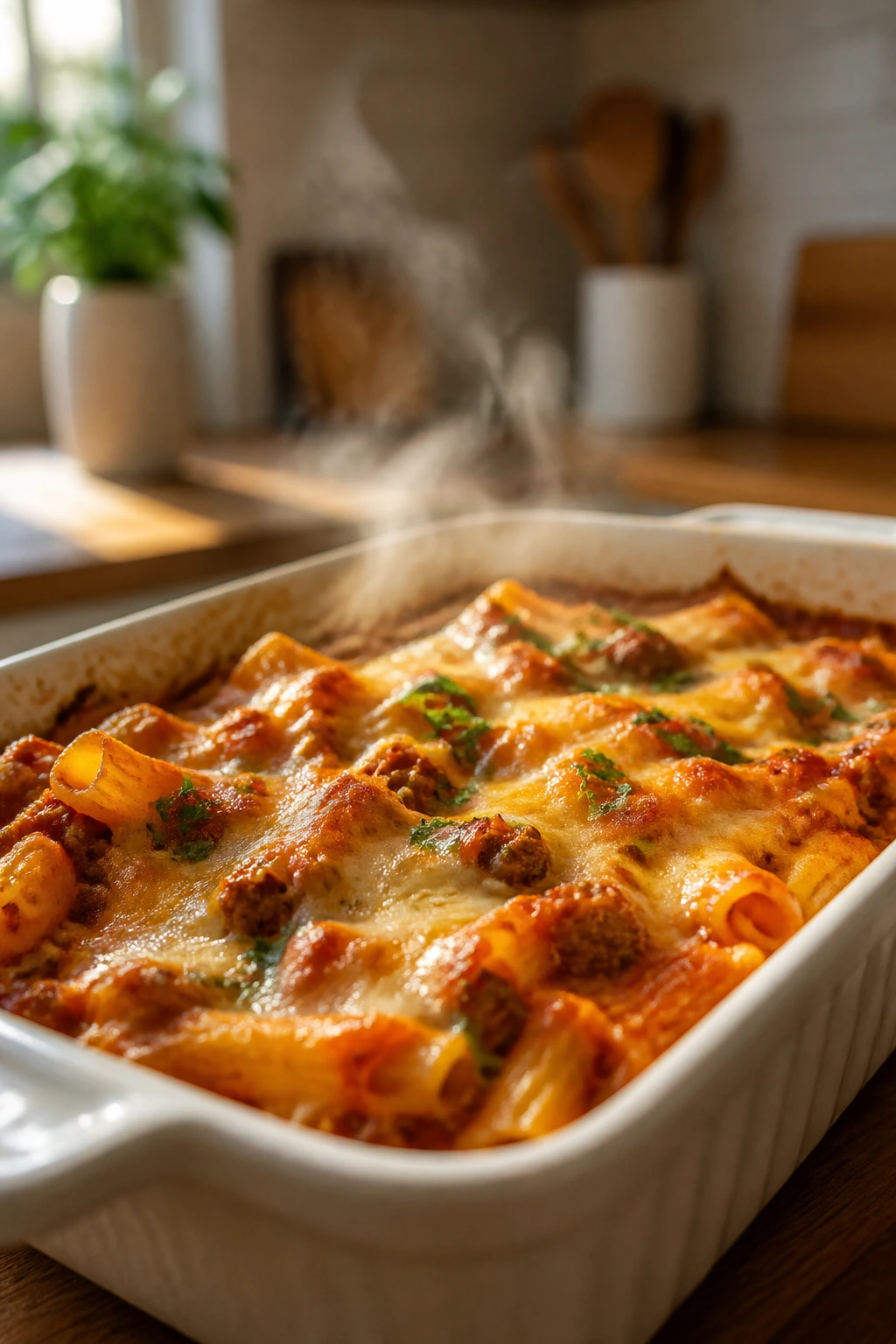 Steaming baked dish in a cozy kitchen representing FAQs