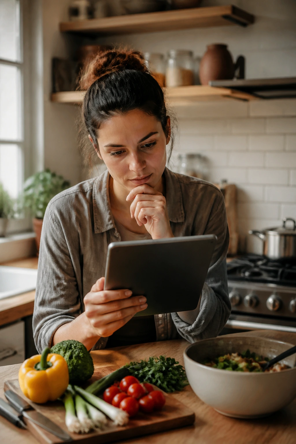 Person in kitchen consulting a tablet for dinner FAQs