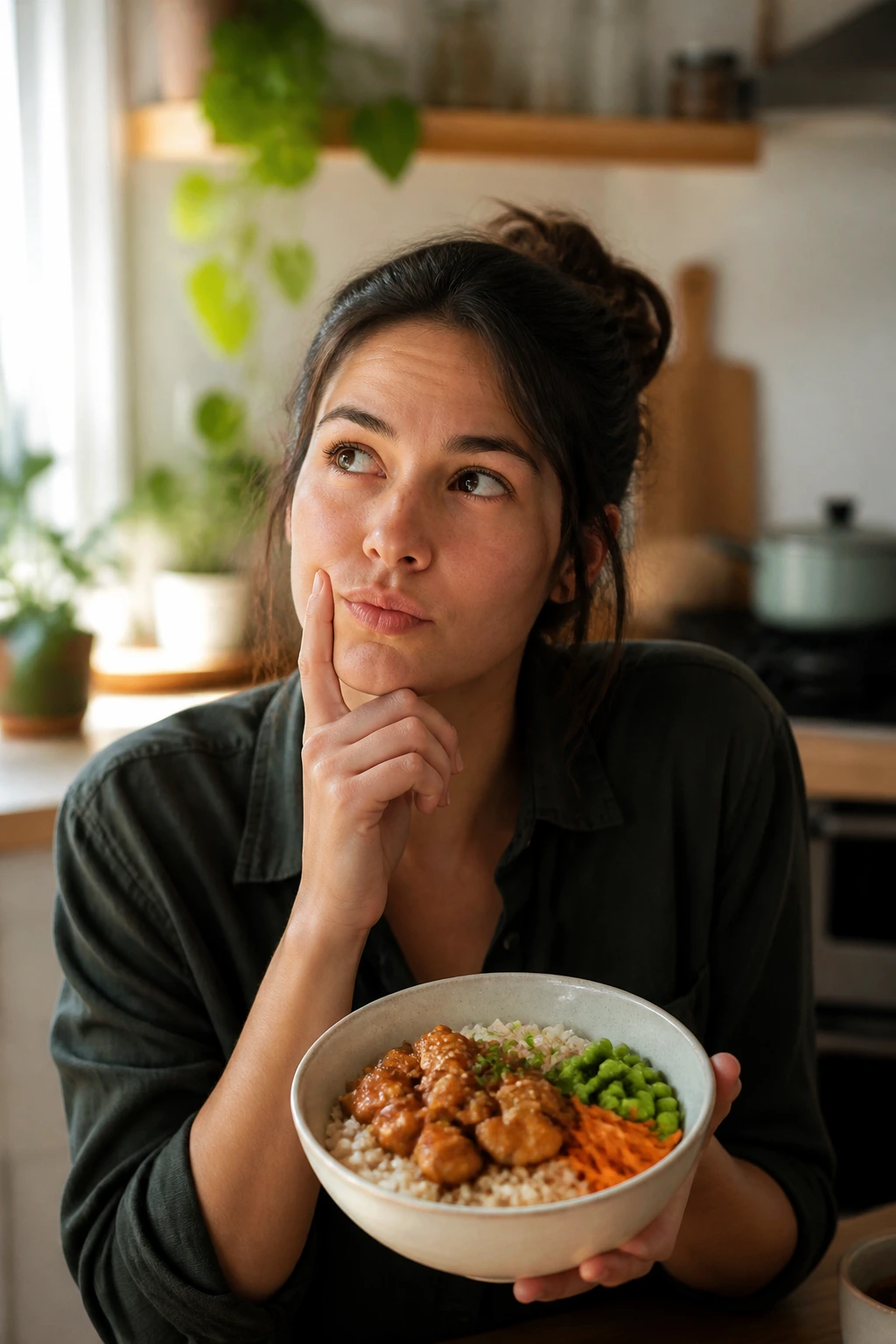 Portrait of a person in a kitchen pondering a rice bowl