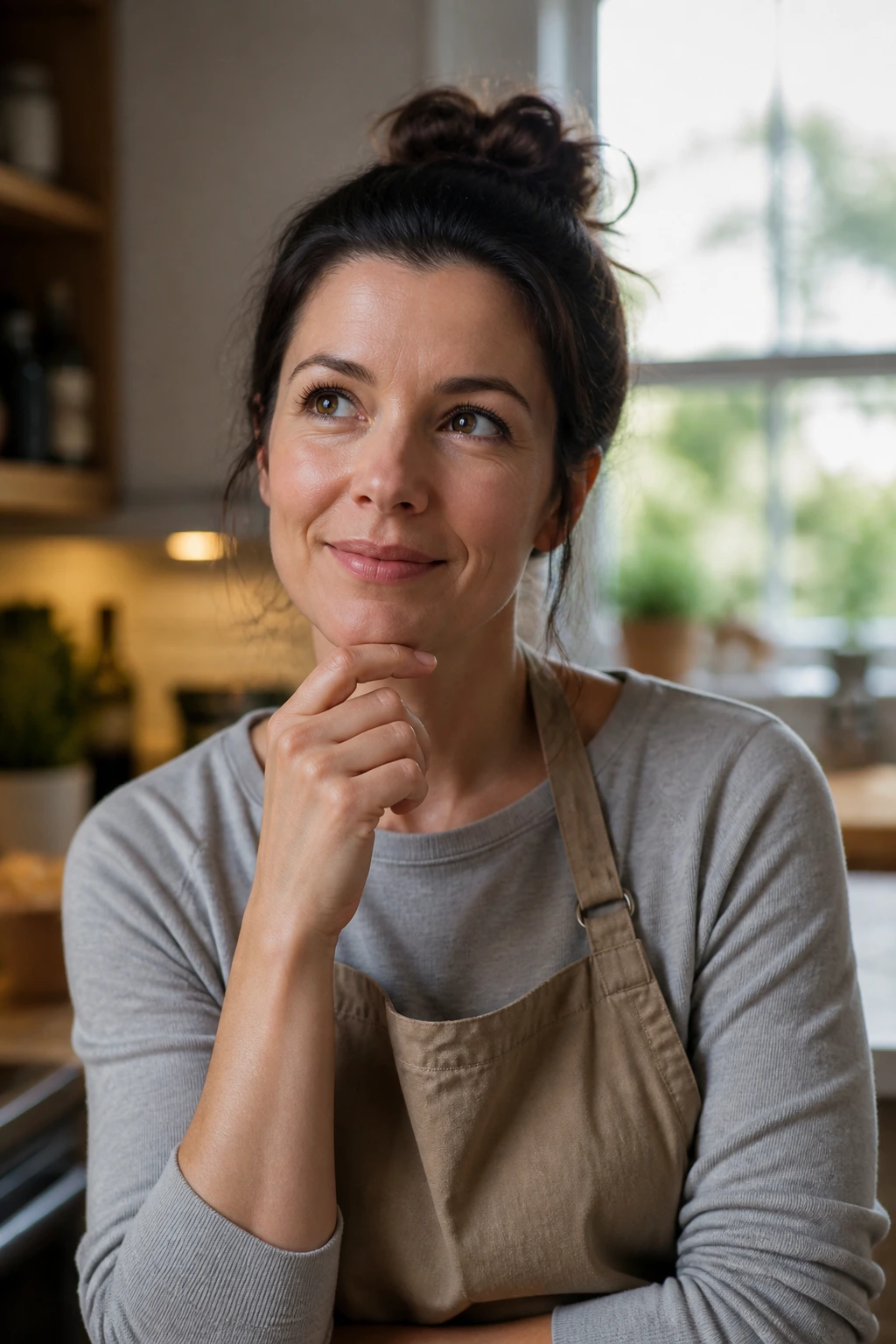 Portrait of a real person in a kitchen with thoughtful expression
