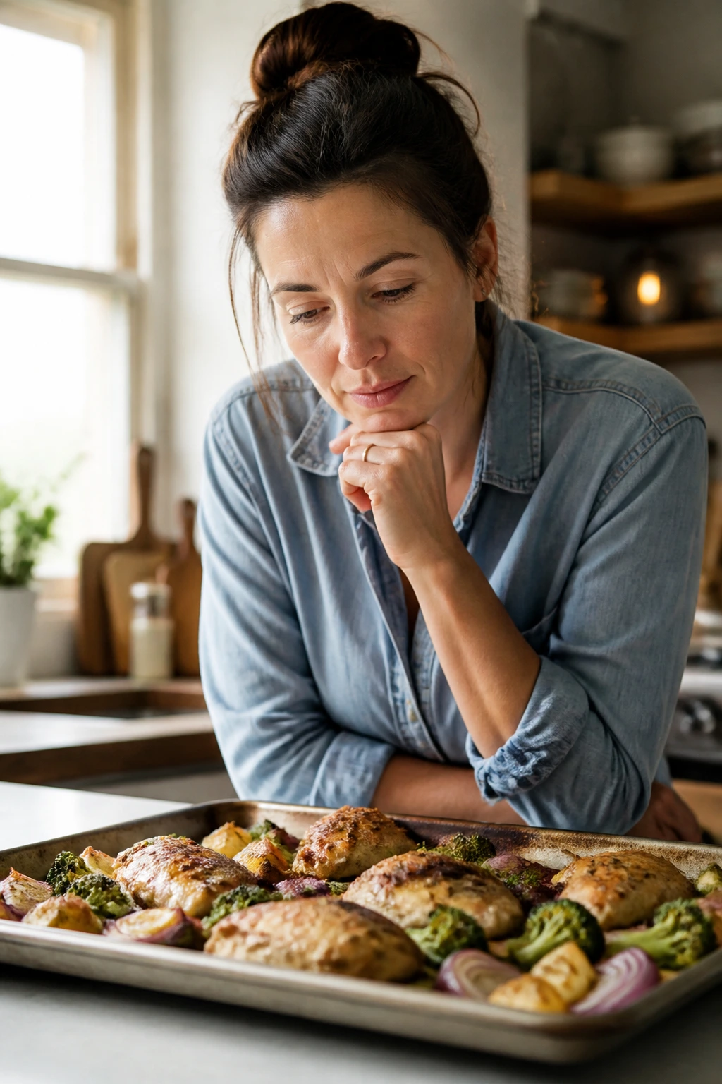 Real person in kitchen considering sheet pan dinner questions