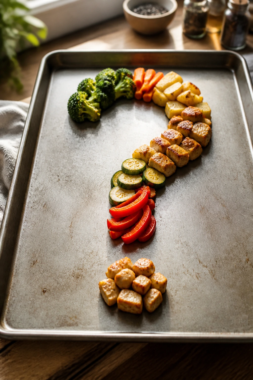 Sheet pan with ingredients arranged in a question-mark shape on a kitchen counter.