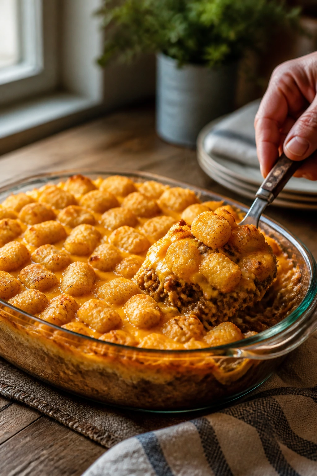 Hand serving a square of tater tot casserole from a warm dish