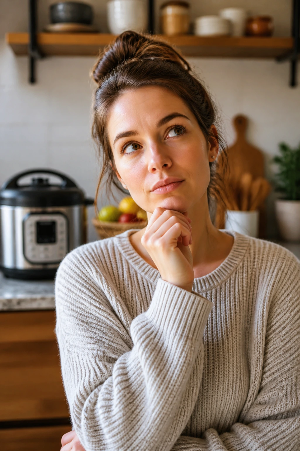 Portrait of a real person with a thoughtful look, set in a warm kitchen for FAQs