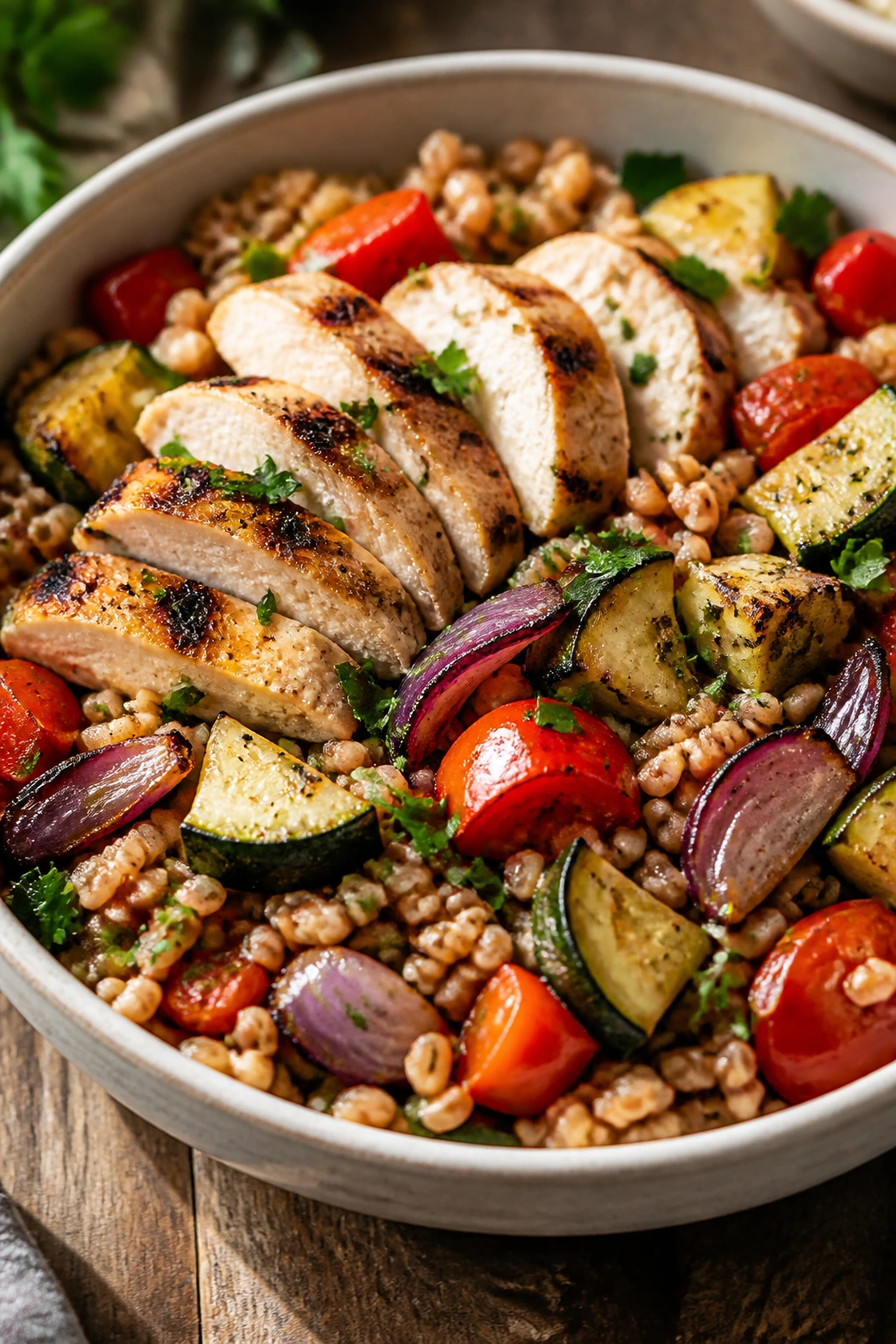 Farro salad with grilled chicken and roasted vegetables in a bowl