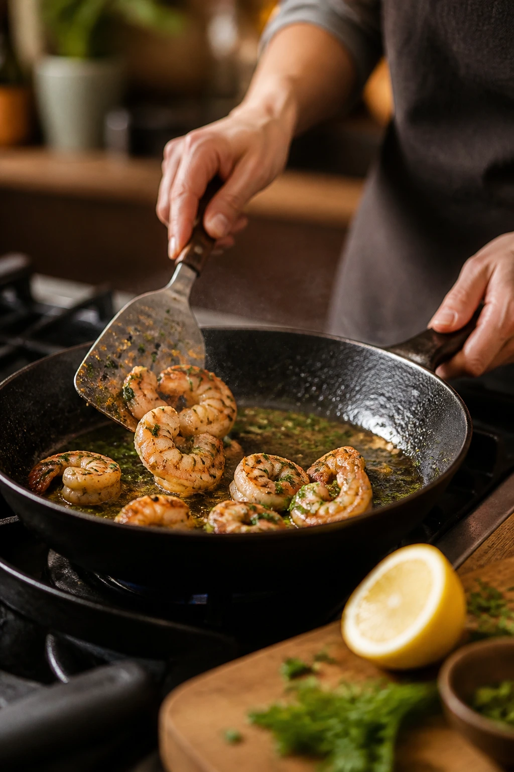 Close-up of a real person’s hands cooking in a skillet with shrimp and lemon zest