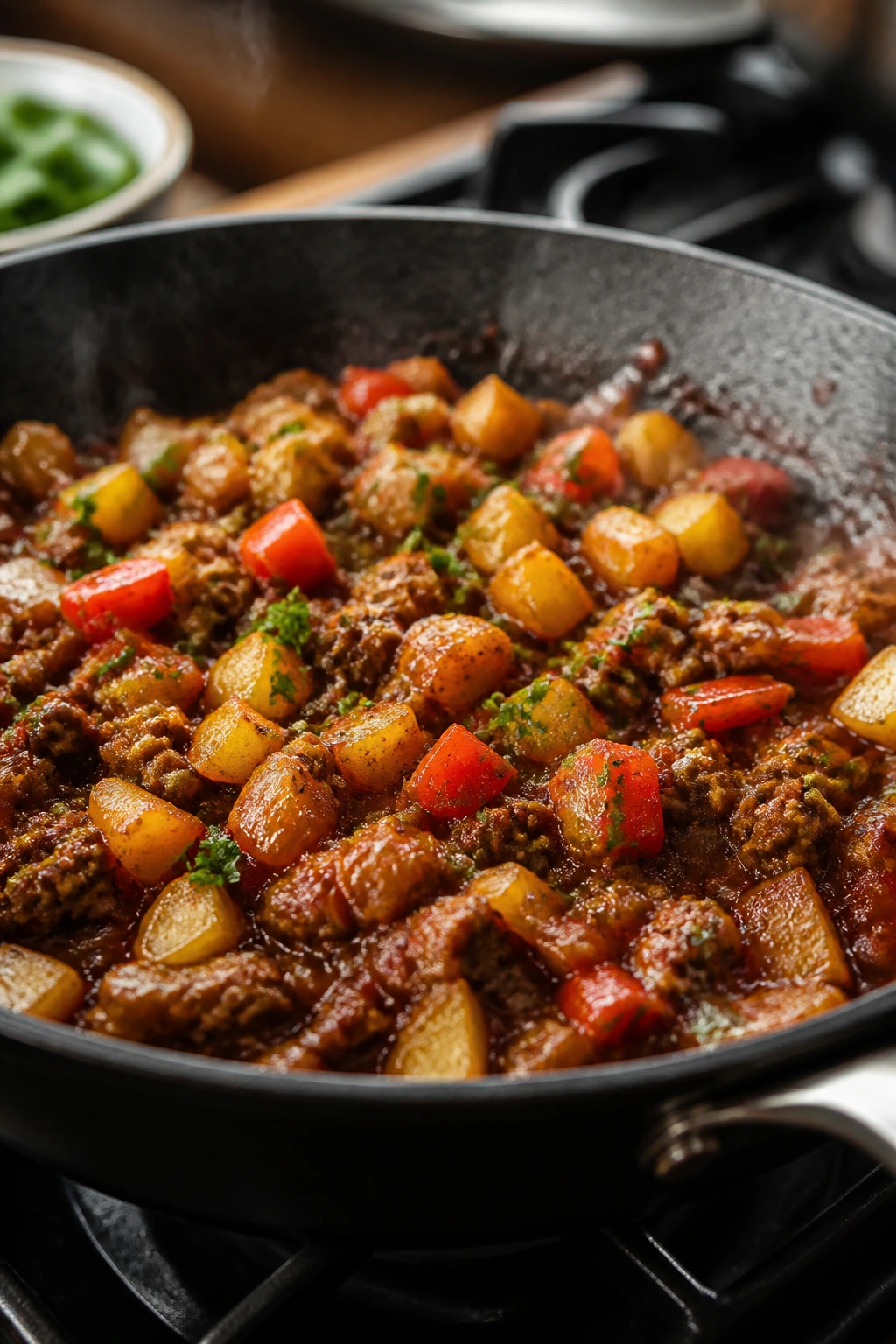 Close-up of a sizzling ground beef skillet dish ready to serve