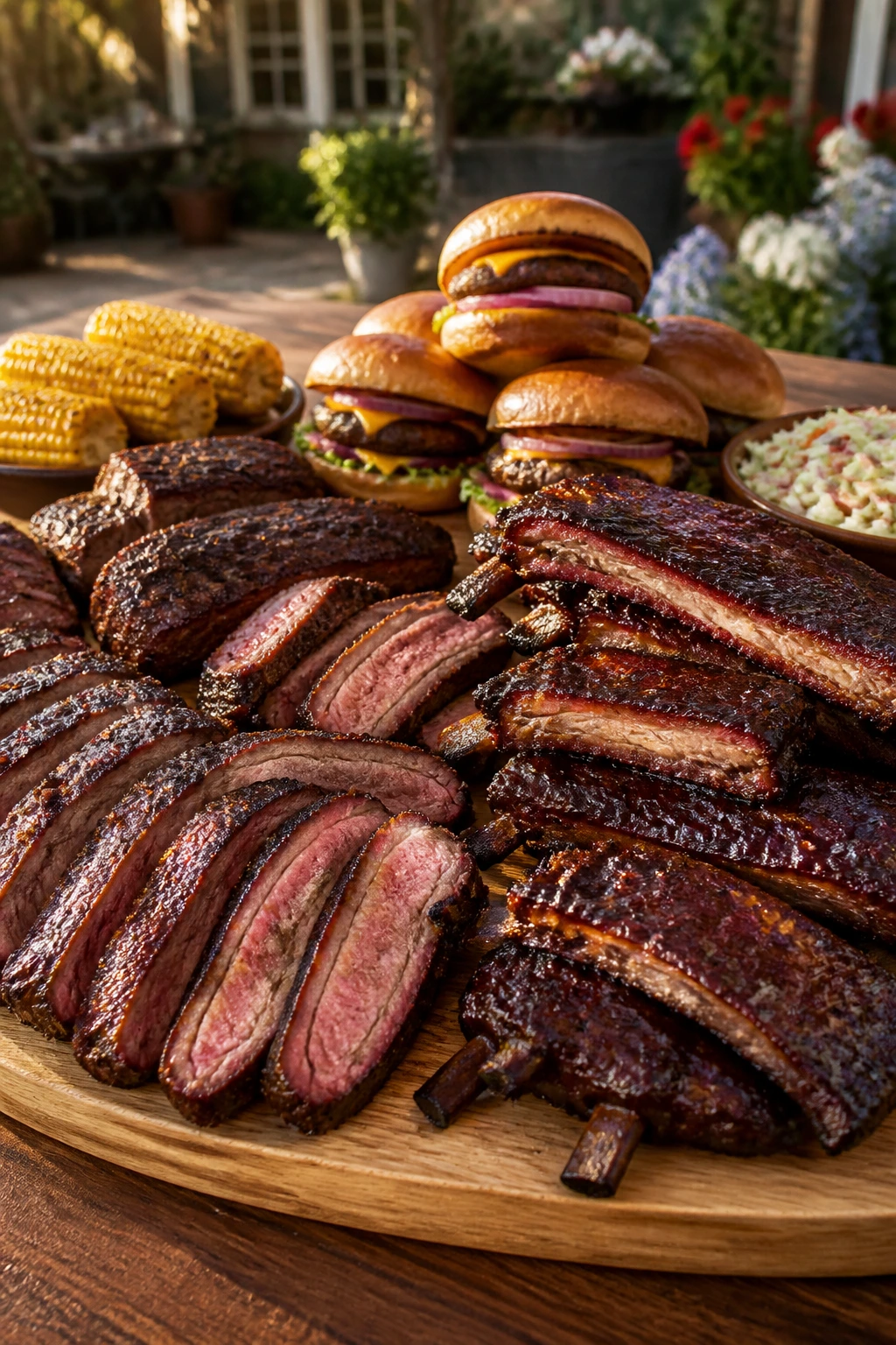 Abundant feast board with sliced meats on a wooden platter