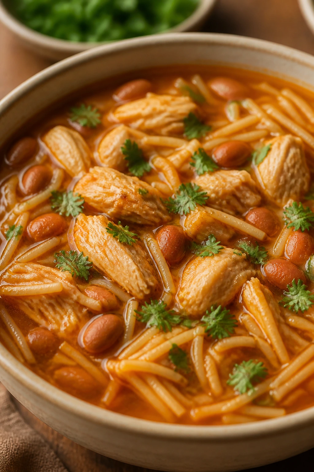 Sopa de fideo with chicken and beans in a bowl