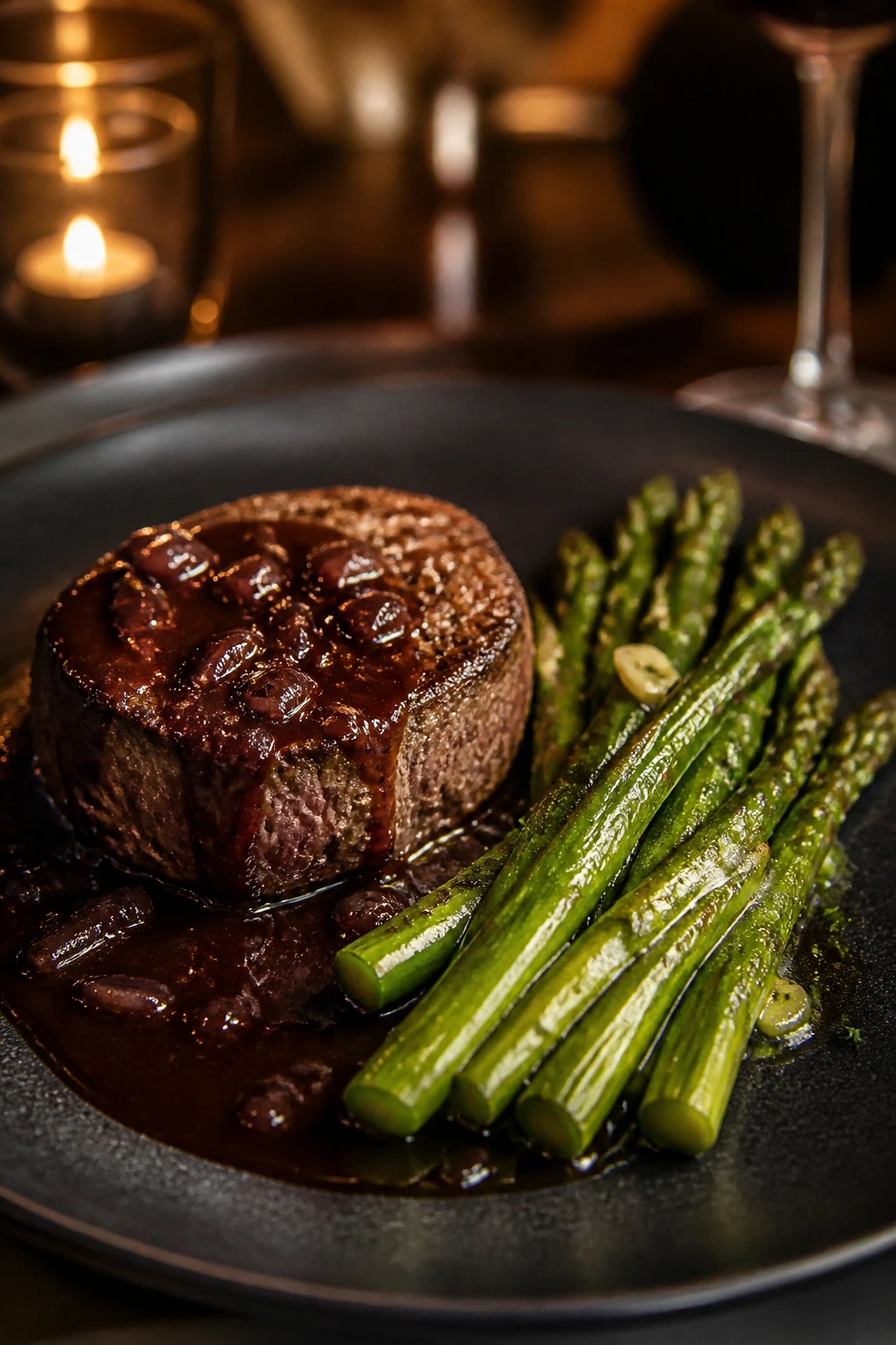 Close-up of plated filet mignon with red wine sauce and asparagus on a dark plate