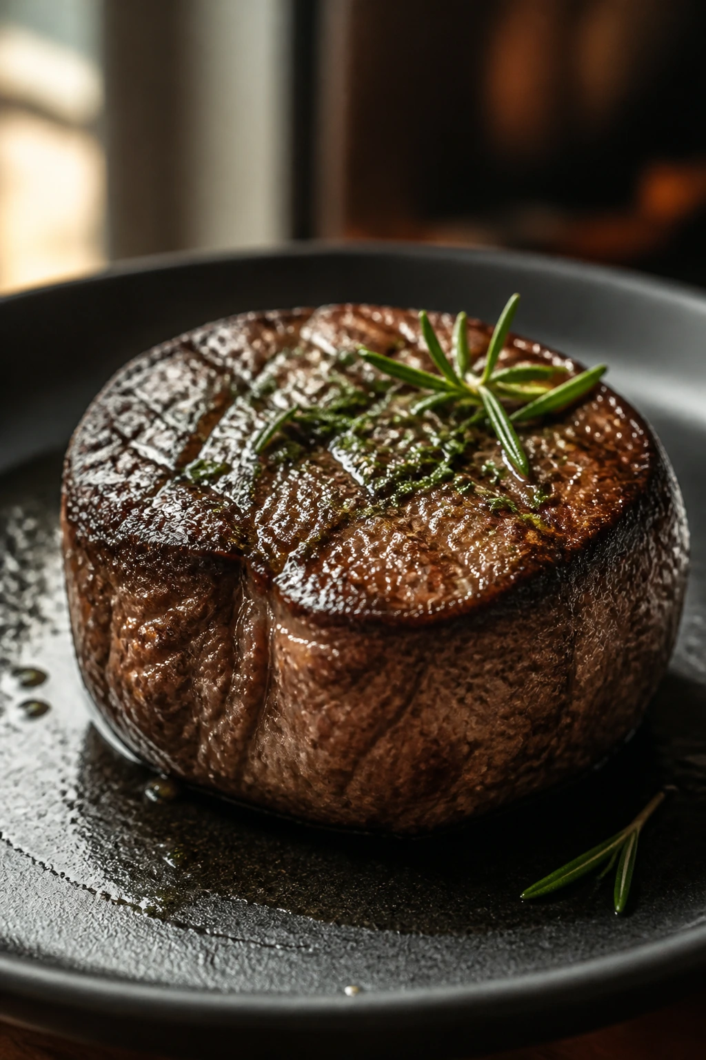 Filet mignon centerpiece on dark plate with sear
