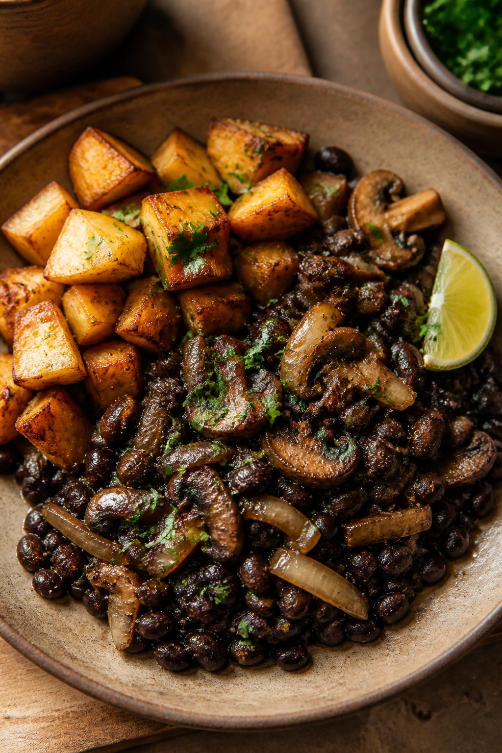 Close-up plated black bean dish with onions, mushrooms, and potatoes.