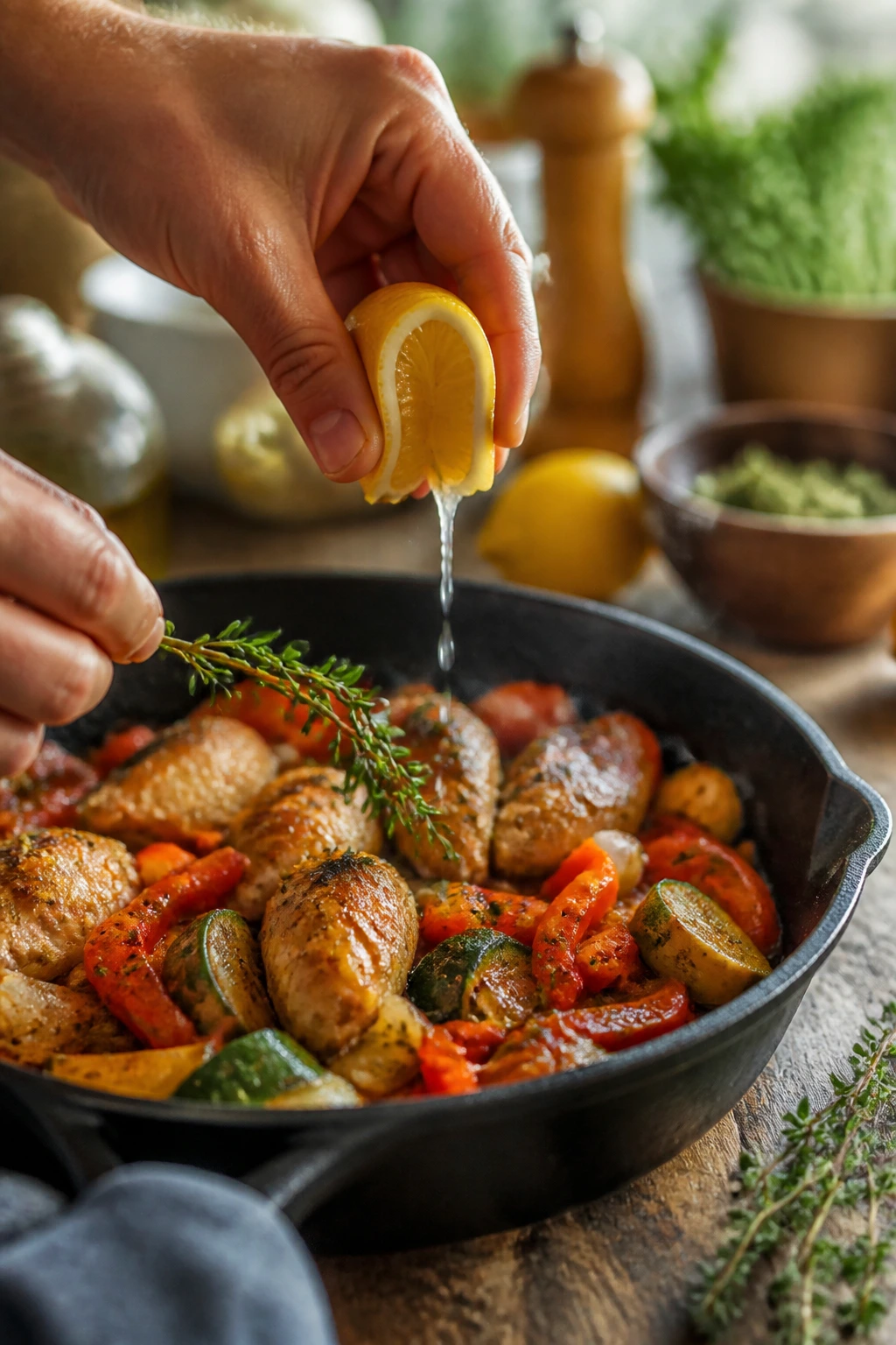 Hand adding fresh herbs and lemon over skillet dish