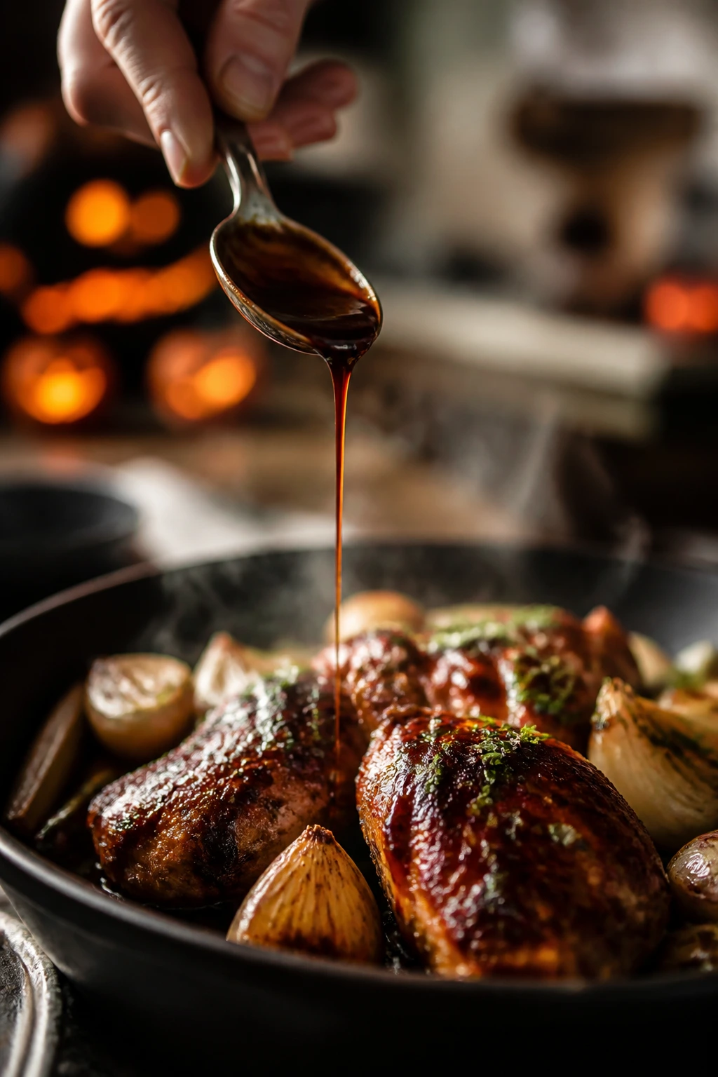 Finishing drizzle over steaming dish in a kitchen