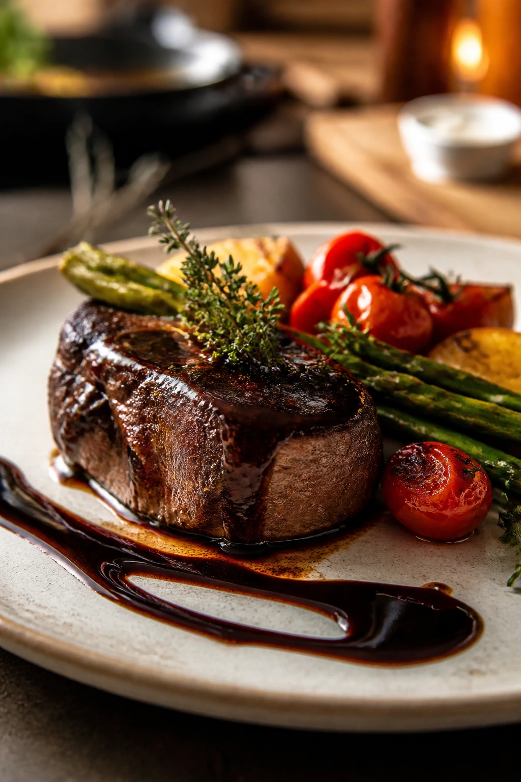 Elegant plated dish with finishing sauce.