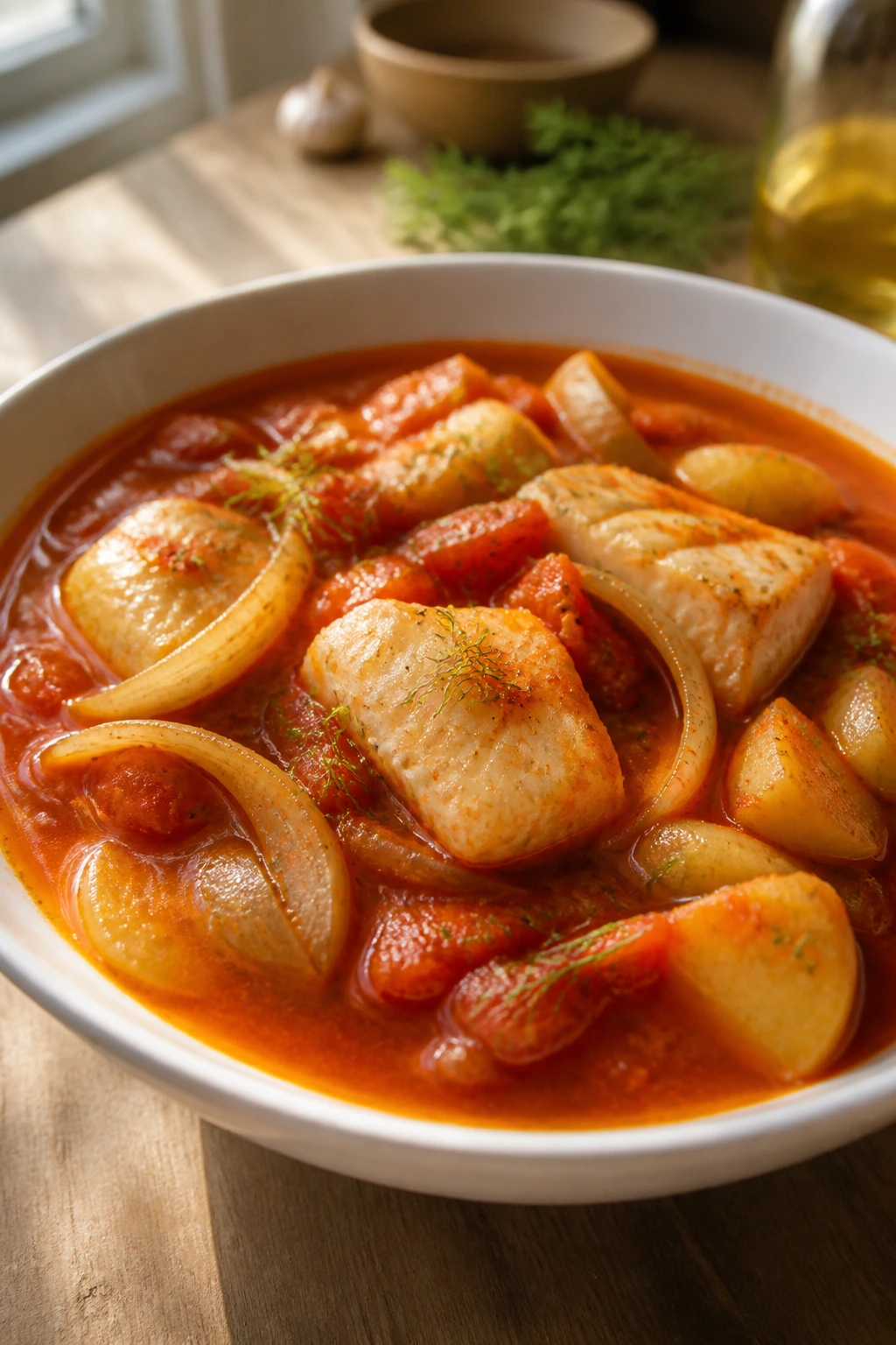 Close-up of Fish Stew with Tomatoes and Fennel showing fish chunks and fennel in tomato broth.