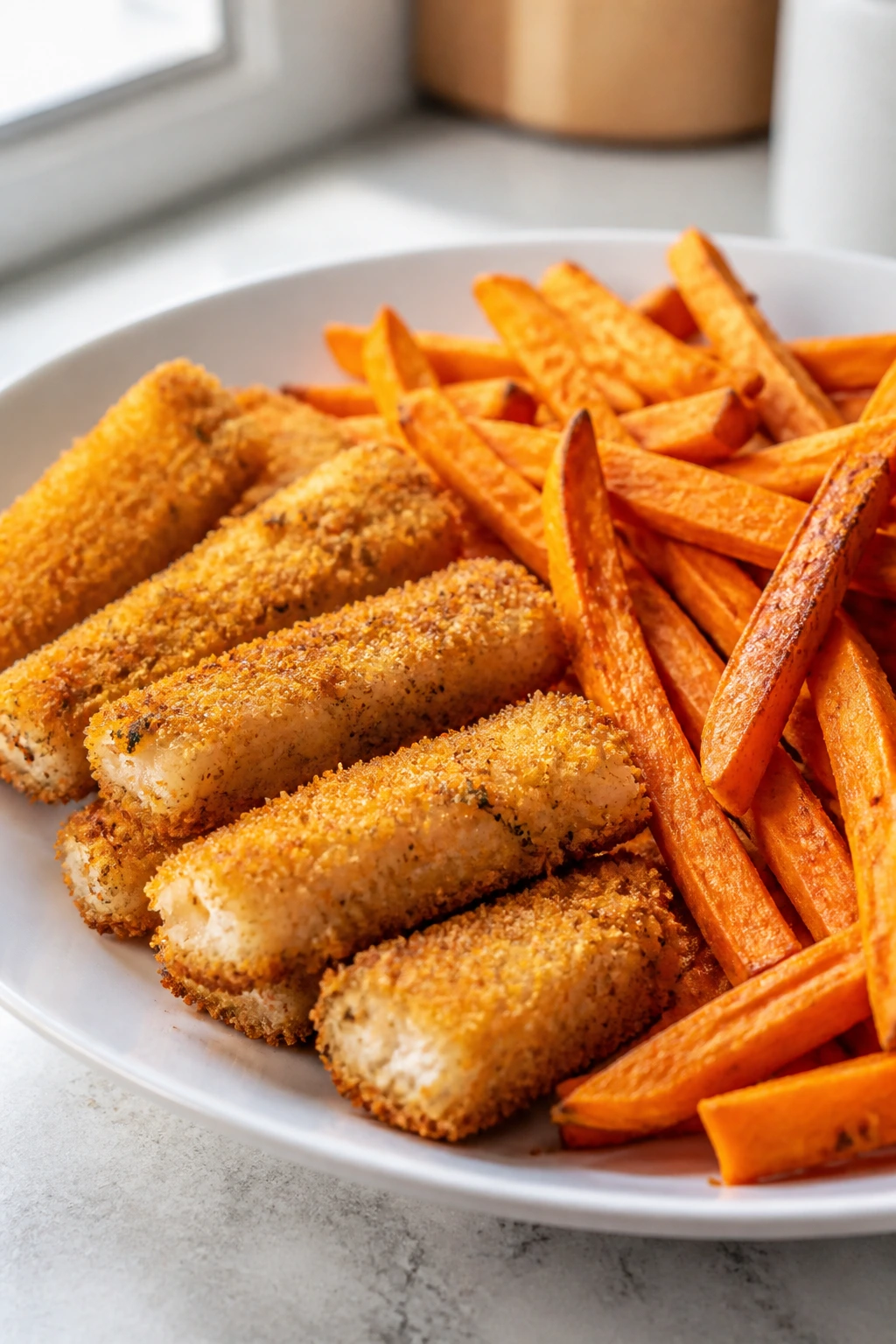 Crispy oven-fried fish sticks with sweet potato fries on a plate.