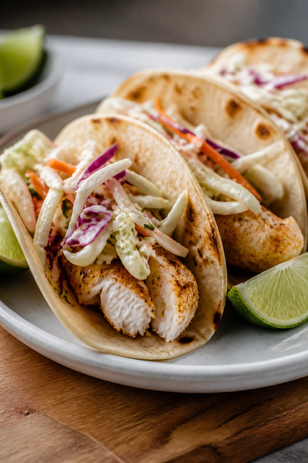 Close-up of sheet-pan fish tacos with cabbage slaw