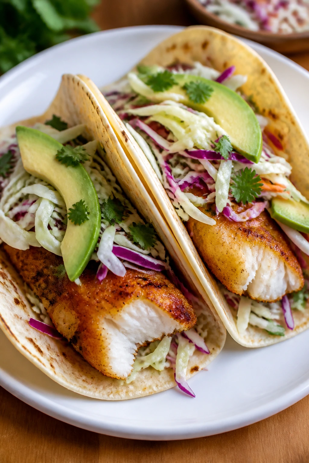Two fish tacos with cabbage slaw on a plate