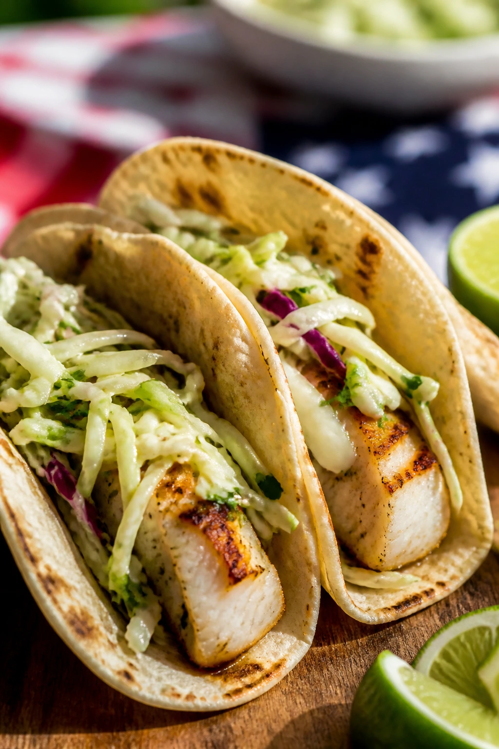 Grilled fish tacos with lime slaw on plate