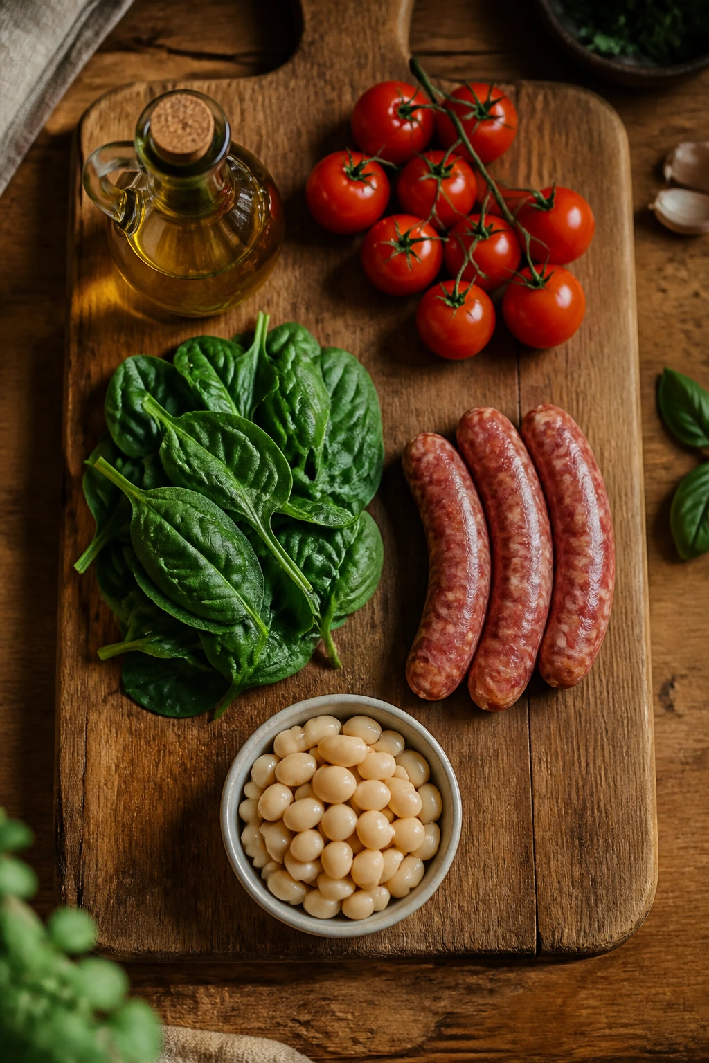 Top-down view of five ingredients arranged on a wooden board
