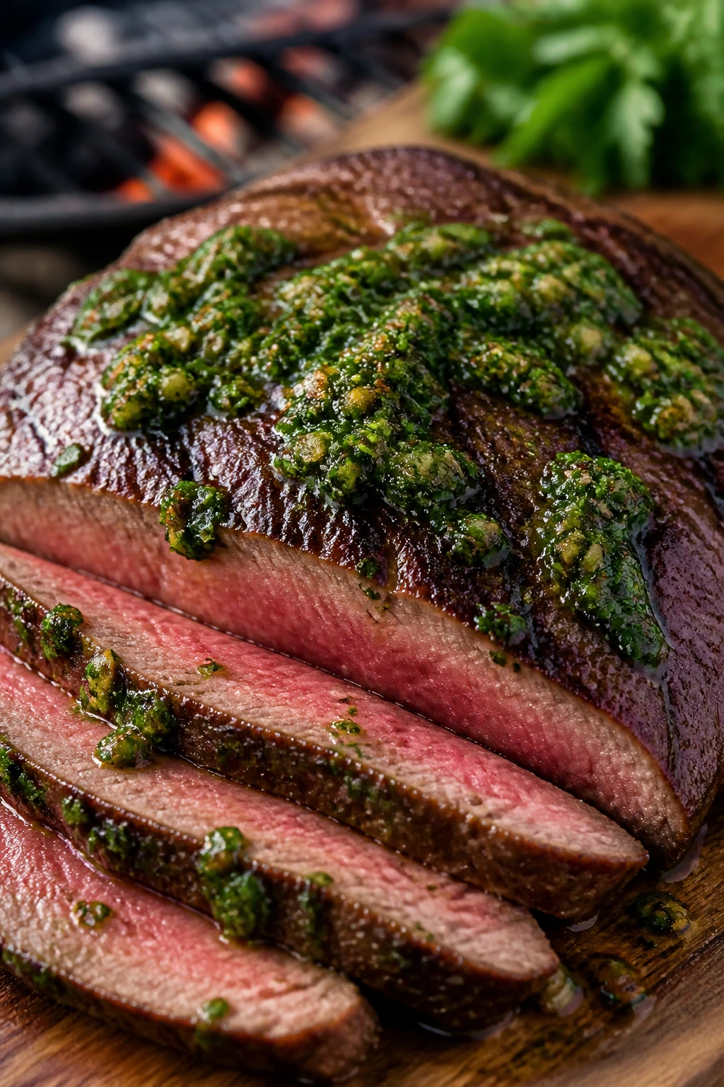 Flank steak with chimichurri on grill