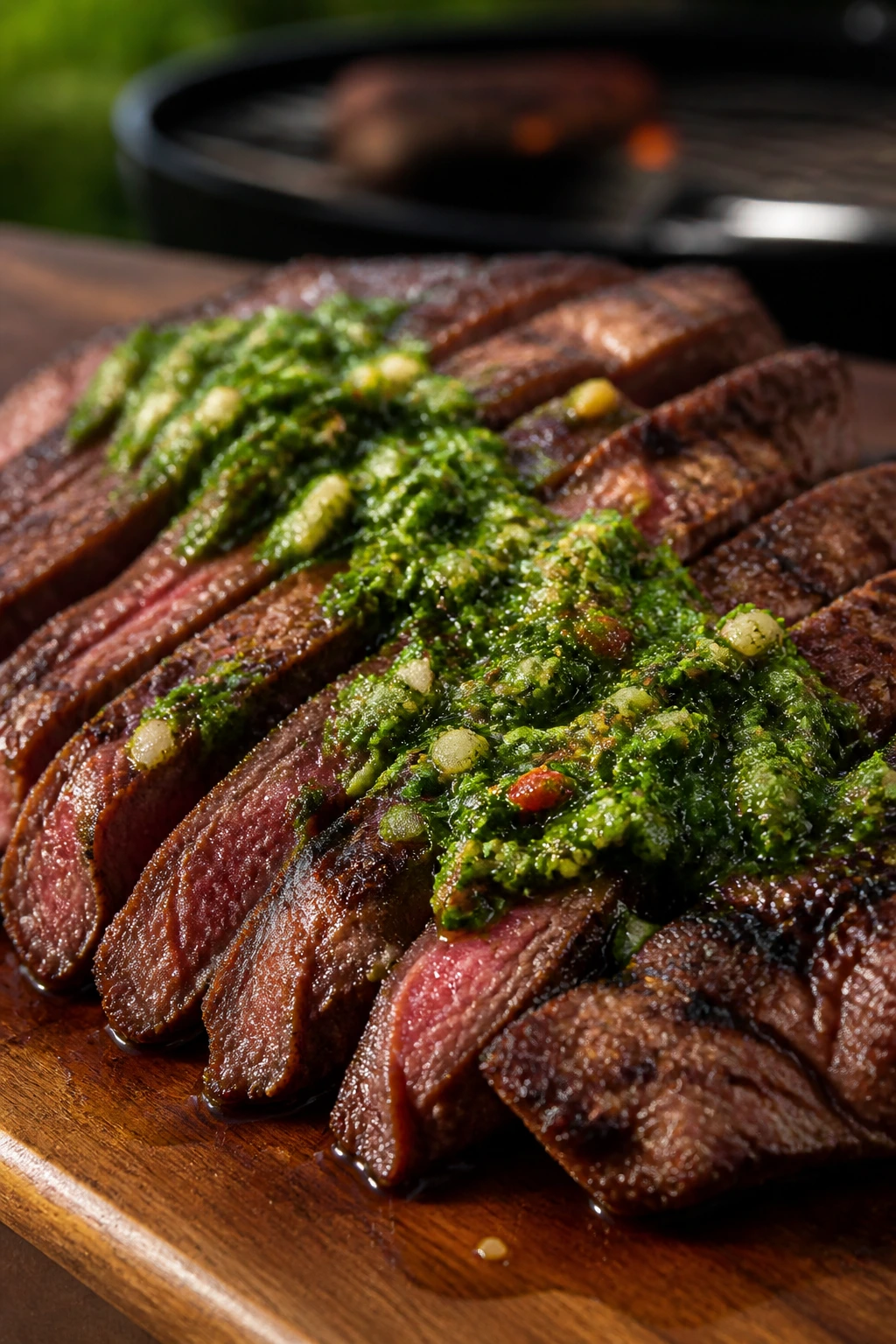 Juicy flank steak with chimichurri on a cutting board outdoors